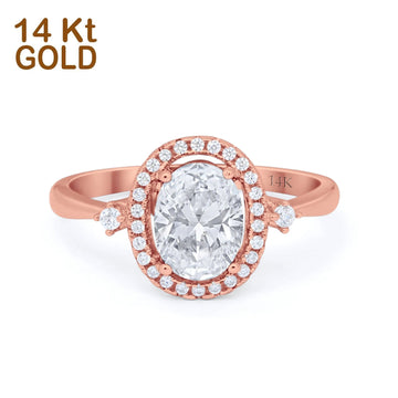 14K Rose Gold Art Deco Halo Oval Simulated CZ Bridal Wedding Engagement Ring Size 7